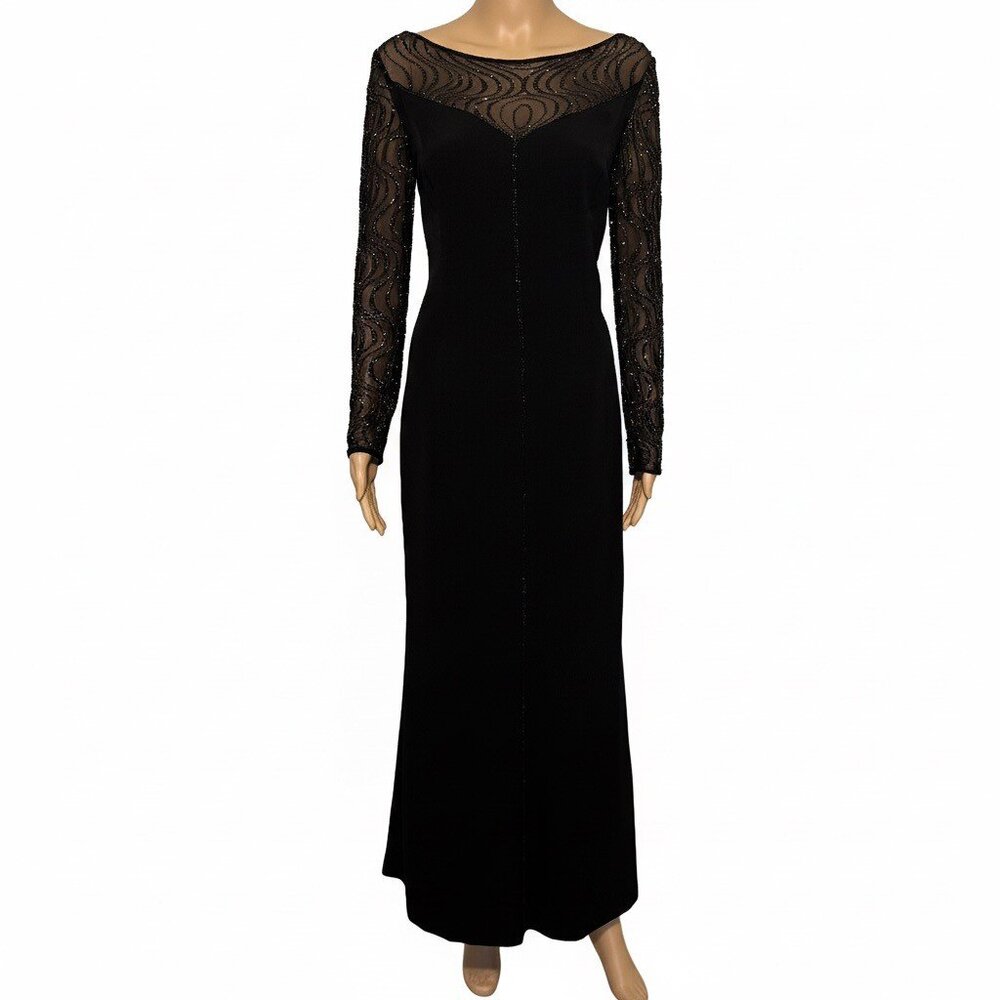 Daymor Couture Black Long Sleeve Lace Illusion Neckline Gown - Size 10
